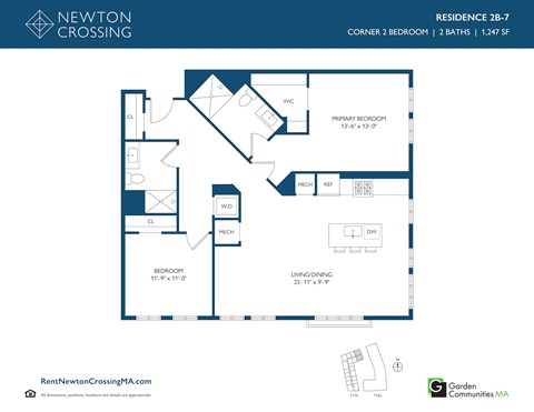 Floor plan for 2 beds, 2 baths, 1247 sqft